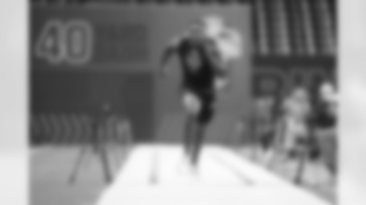 Iowa running back Kaleb Johnson runs the 40-yard dash at the NFL football scouting combine in Indianapolis, Saturday, March 1, 2025. (AP Photo/Michael Conroy)