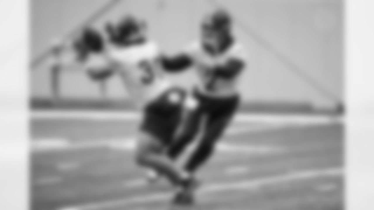 Pittsburgh Steelers quarterback Mason Rudolph (2) and Pittsburgh Steelers running back Jaylen Warren (30) during practice at the UPMC Rooney Sports Complex preparing for a Week 14 matchup against the Baltimore Ravens, Wednesday, Dec. 3, 2025 in Pittsburgh, PA. (Karl Roser / Pittsburgh Steelers)