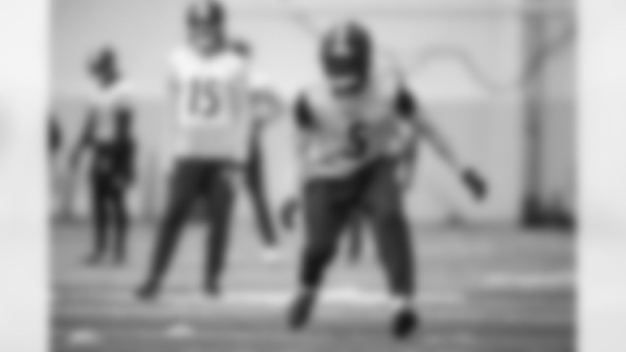Pittsburgh Steelers cornerback Jalen Ramsey (5) during practice at the UPMC Rooney Sports Complex preparing for a Wild Card matchup against the Houston Texans, Saturday, Jan. 10, 2026 in Pittsburgh, PA. (Karl Roser / Pittsburgh Steelers)