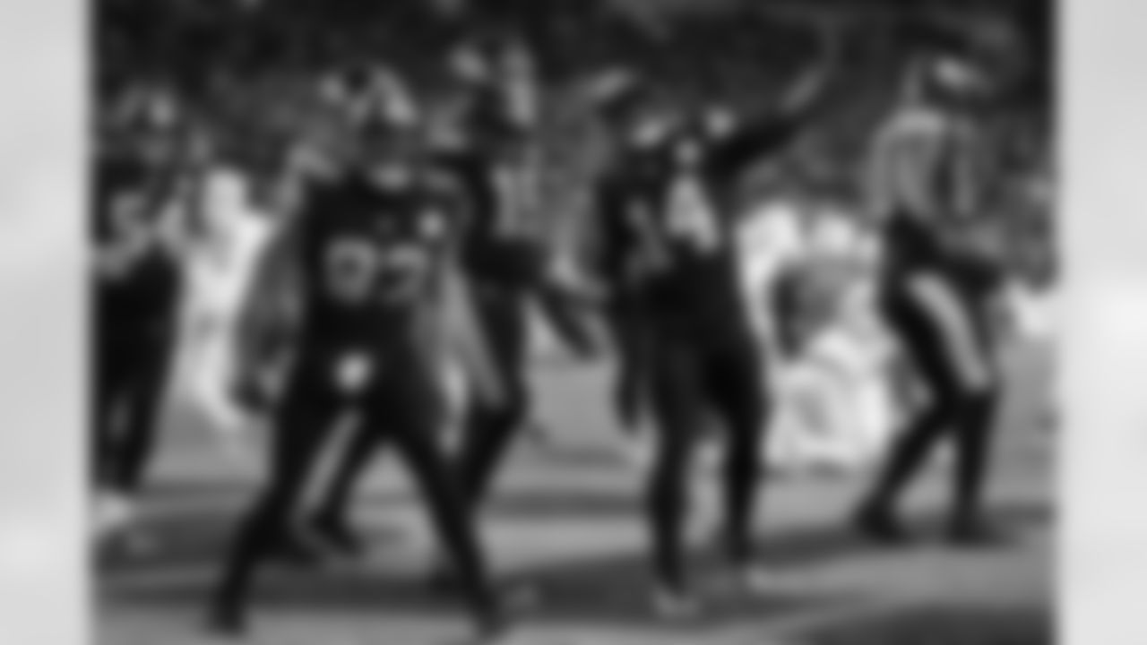 Pittsburgh Steelers tight end/fullback Connor Heyward (83) and Pittsburgh Steelers running back Kenneth Gainwell (14) during a regular season game between the Pittsburgh Steelers and the Miami Dolphins, Monday, Dec. 15, 2025 in Pittsburgh, PA. (Taylor Ollason / Pittsburgh Steelers)