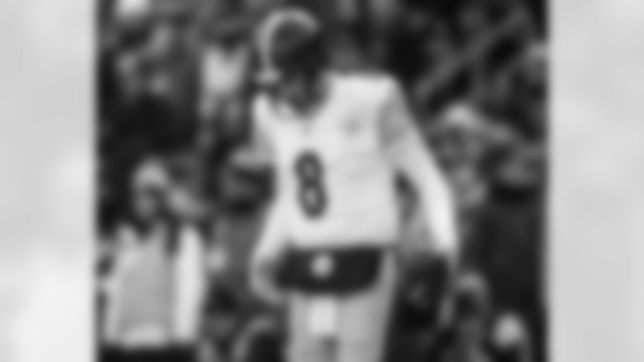 Pittsburgh Steelers quarterback Aaron Rodgers (8) celebrates scoring a touchdown during a regular season game against the Baltimore Ravens, Sunday, Dec. 7, 2025 in Baltimore, MD. The Steelers defeated the Ravens 27-22. (Alysa Rubin / Pittsburgh Steelers)