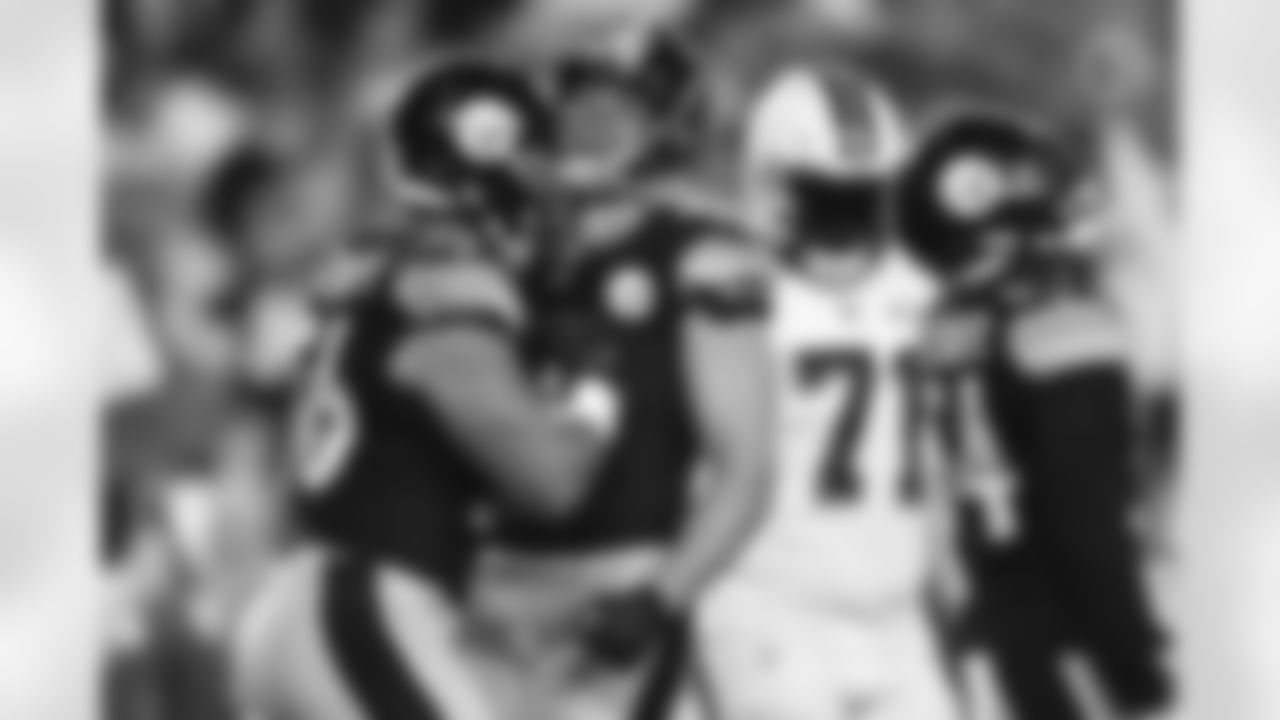 Pittsburgh Steelers linebacker T.J. Watt (90) and Pittsburgh Steelers linebacker Alex Highsmith (56) during a regular season game between the Pittsburgh Steelers and the Cleveland Browns, Monday, Sept. 18, 2023 in Pittsburgh, PA. (Abigail Dean / Pittsburgh Steelers)
