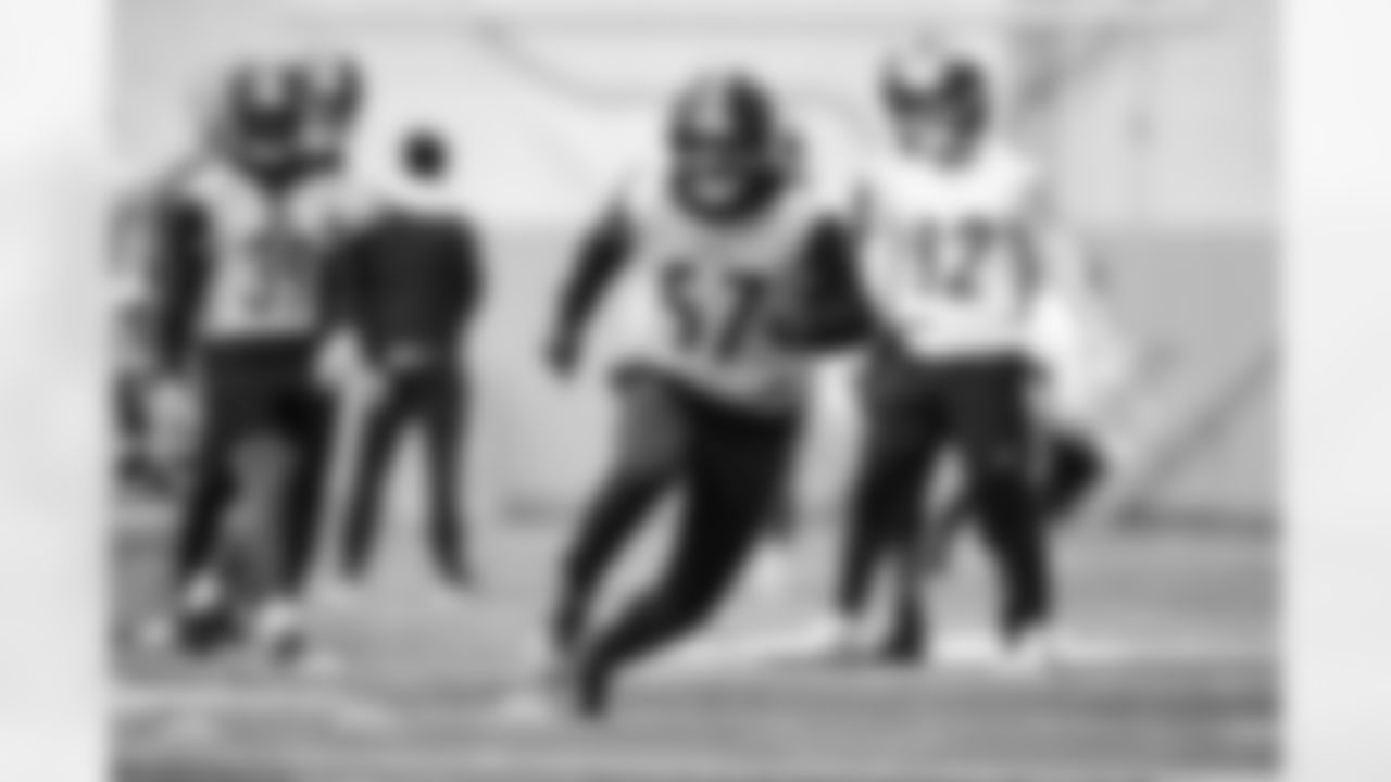 Pittsburgh Steelers linebacker Kana'i Mauga (57) during practice at the UPMC Rooney Sports Complex preparing for a Week 14 matchup against the Baltimore Ravens, Friday, Dec. 5, 2025 in Pittsburgh, PA. (Karl Roser / Pittsburgh Steelers)