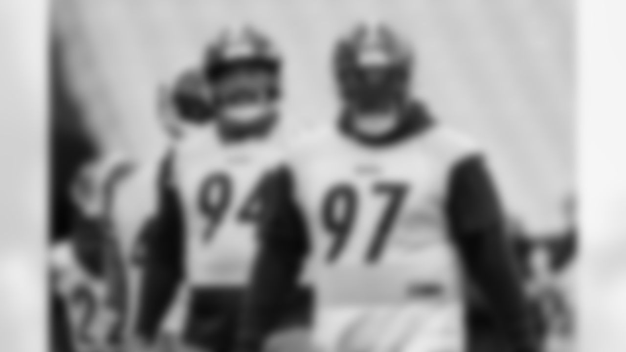 Pittsburgh Steelers defensive tackle Cameron Heyward (97) and Pittsburgh Steelers defensive end Yahya Black (94) during practice at Acrisure Stadium preparing for a Week 18 matchup against the Baltimore Ravens, Friday, Jan. 2, 2026 in Pittsburgh, PA. (Alysa Rubin / Pittsburgh Steelers)