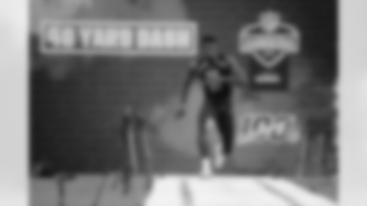 Mississippi wide receiver D.K. Metcalf runs the 40-yard dash during the NFL football scouting combine, Saturday, March 2, 2019, in Indianapolis. (AP Photo/Darron Cummings)