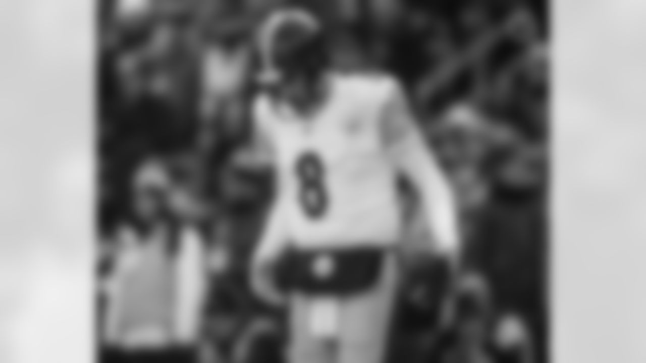 Pittsburgh Steelers quarterback Aaron Rodgers (8) celebrates scoring a touchdown during a regular season game against the Baltimore Ravens, Sunday, Dec. 7, 2025 in Baltimore, MD. The Steelers defeated the Ravens 27-22. (Alysa Rubin / Pittsburgh Steelers)