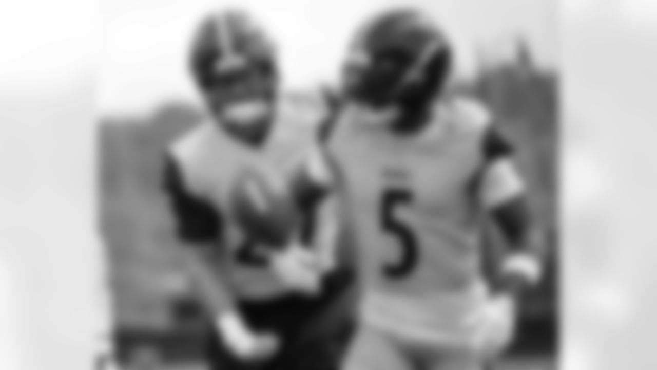 Pittsburgh Steelers safety Sebastian Castro (29) and Pittsburgh Steelers defensive back D'Shawn Jamison (5) participates in the Organized Team Activities (OTAs), Thursday May 29, 2025 at the UPMC Rooney Sports Complex. (Alysa Rubin / Pittsburgh Steelers)
