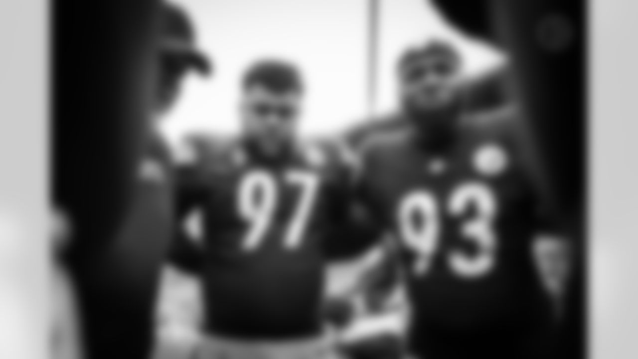Pittsburgh Steelers defensive tackle Cameron Heyward (97) and Pittsburgh Steelers defensive tackle Esezi Otomewo (93) during a regular season game between the Pittsburgh Steelers and the Cleveland Browns, Sunday, Oct. 12, 2025 in Pittsburgh, PA. (Karl Roser/ Pittsburgh Steelers)