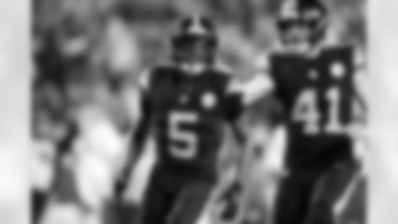 Pittsburgh Steelers cornerback Jalen Ramsey (5) and linebacker Payton Wilson (41) during a regular season game between the Pittsburgh Steelers and the Miami Dolphins, Monday, Dec. 15, 2025 in Pittsburgh, PA. (Karl Roser / Pittsburgh Steelers)