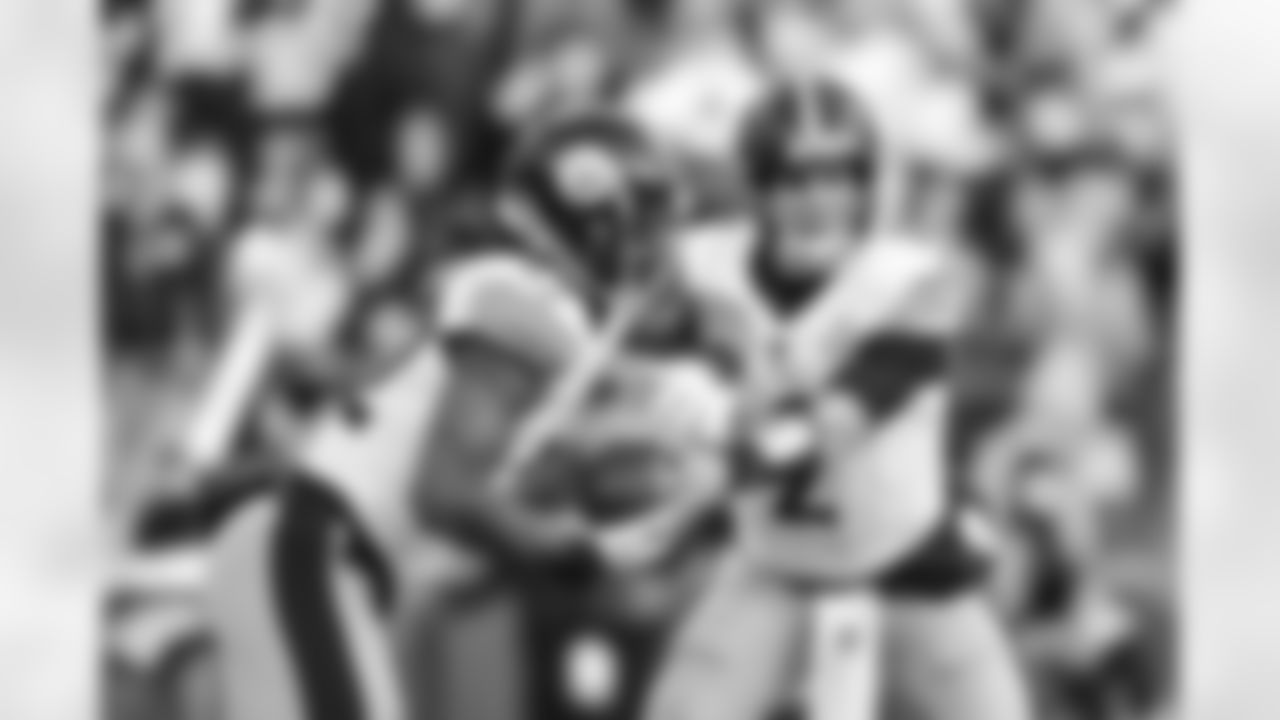 Pittsburgh Steelers quarterback Mason Rudolph (2) and Pittsburgh Steelers running back Najee Harris (22) during a regular season game between the Pittsburgh Steelers and the Seattle Seahawks, Sunday, Dec. 31, 2023 in Seattle, WA. (Karl Roser / Pittsburgh Steelers)