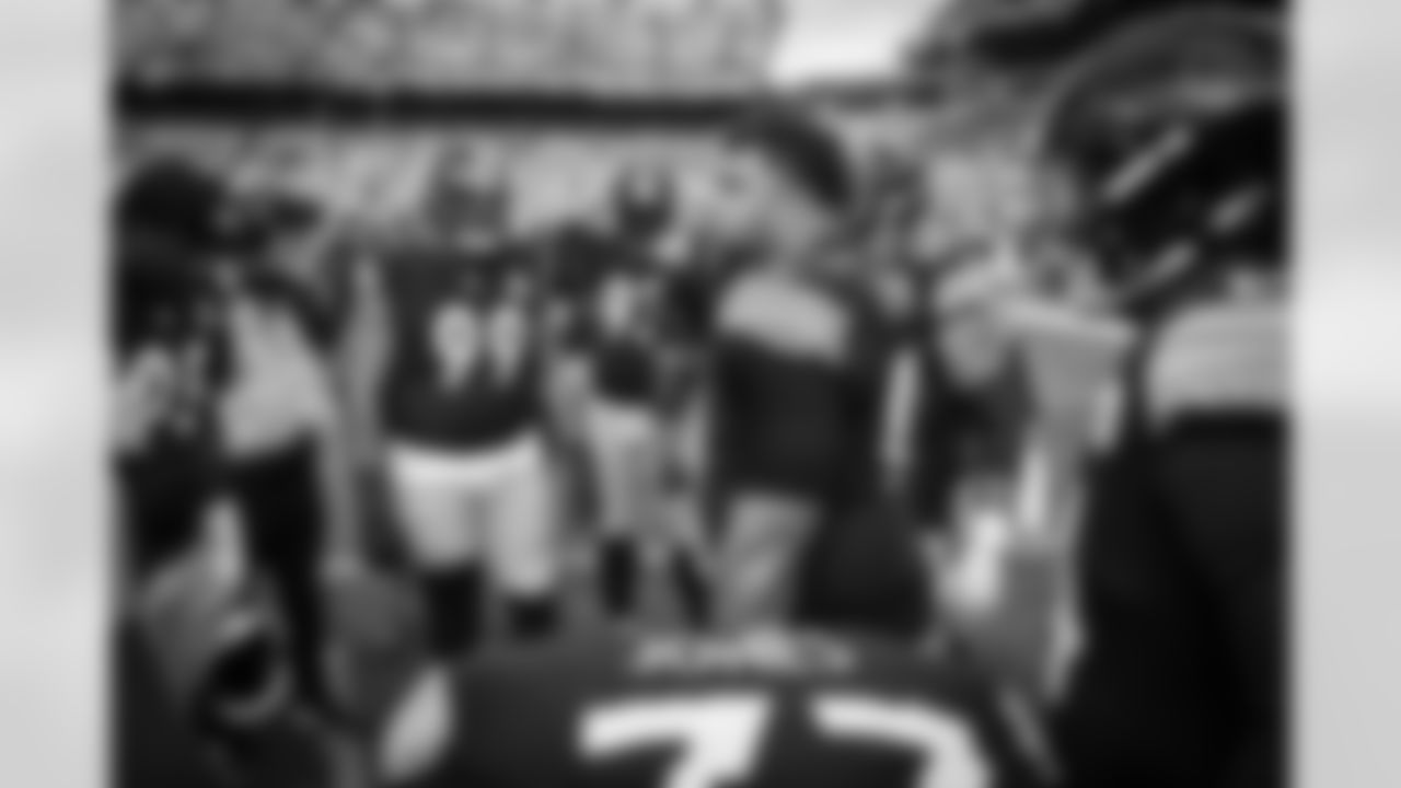 Pittsburgh Steelers defensive tackle Cameron Heyward (97) with defensive tackle Derrick Harmon (99) and teammates during a regular season game between the Pittsburgh Steelers and the Cleveland Browns, Sunday, Oct. 12, 2025 in Pittsburgh, PA. (Karl Roser/ Pittsburgh Steelers)