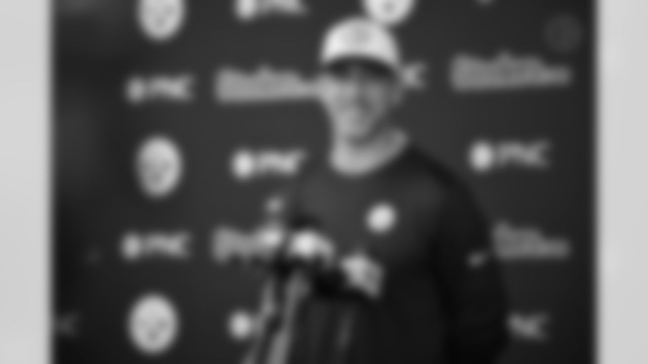 Pittsburgh Steelers quarterback Aaron Rodgers (8) during media availability following practice at the UPMC Rooney Sports Complex during the 2025 minicamp, Tuesday June 10, 2025. (Karl Roser / Pittsburgh Steelers)