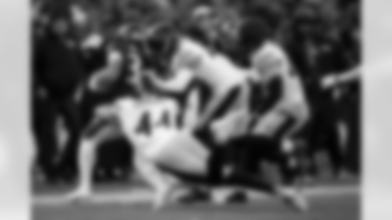 Pittsburgh Steelers linebacker Carson Bruener (44) and Pittsburgh Steelers defensive back Sebastian Castro (49) during a regular season game between the Pittsburgh Steelers and the Baltimore Ravens, Sunday, Dec. 7, 2025 in Baltimore, MD. The Steelers defeated the Ravens 27-22. (Karl Roser / Pittsburgh Steelers)