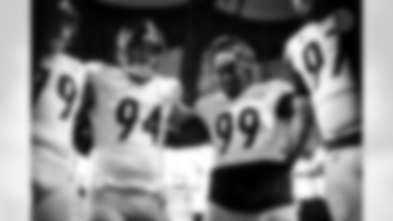 Pittsburgh Steelers defensive lineman Dean Lowry (94) and Pittsburgh Steelers defensive tackle Larry Ogunjobi (99) prior to a preseason game between the Pittsburgh Steelers and the Detroit Lions, on Saturday August 24, 2024 in Detroit, Michigan. (Alysa Rubin / Pittsburgh Steelers)