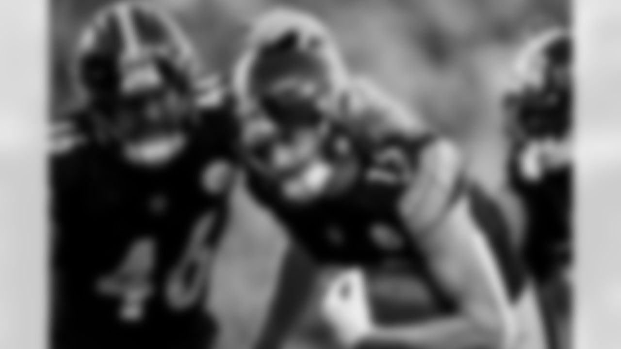 Pittsburgh Steelers long snapper Christian Kuntz (46) and Pittsburgh Steelers wide receiver Ben Skowronek (15) during a regular season game between the Pittsburgh Steelers and the Cleveland Browns, Sunday, Dec. 8, 2024 in Pittsburgh, PA. (Alysa Rubin / Pittsburgh Steelers)