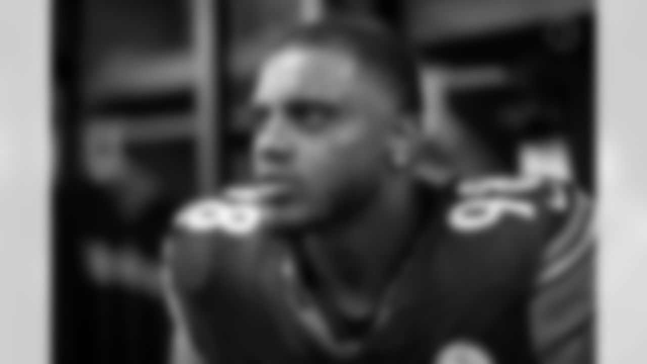 Pittsburgh Steelers defensive end DeMarvin Leal (98) sits at his locker prior to a regular season game between the Pittsburgh Steelers and the Los Angeles Chargers, Sunday, Sept. 22, 2024 in Pittsburgh, PA. The Steelers defeated the Chargers 20-10. (Karl Roser / Pittsburgh Steelers)