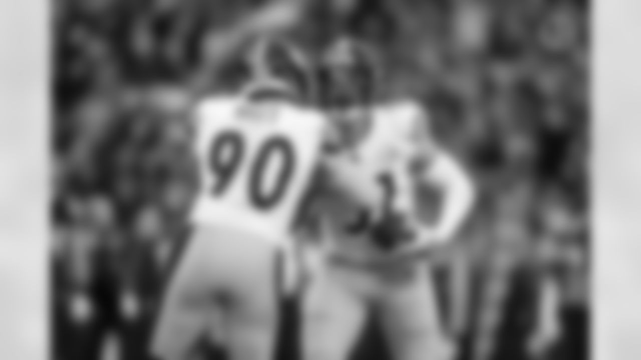 Pittsburgh Steelers linebacker T.J. Watt (90) and Pittsburgh Steelers linebacker Nick Herbig (51) during a regular season game between the Pittsburgh Steelers and the Seattle Seahawks, Sunday, Dec. 31, 2023 in Seattle, WA. The Steelers defeated the Seahawks 30-23. (Karl Roser / Pittsburgh Steelers)