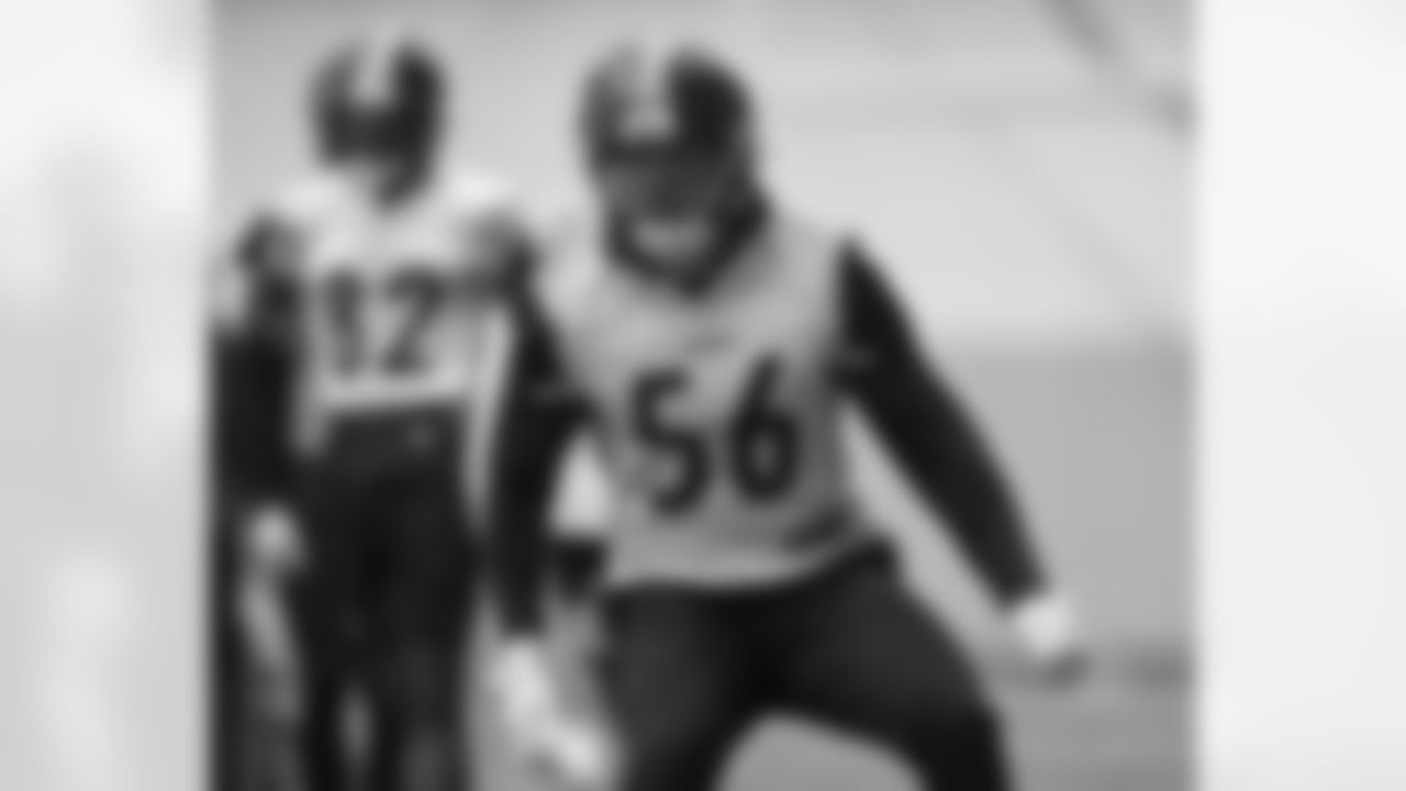 Pittsburgh Steelers linebacker Alex Highsmith (56) during practice at the UPMC Rooney Sports Complex preparing for a Week 13 matchup against the Arizona Cardinals, Friday, Dec. 1, 2023 in Pittsburgh, PA. (Karl Roser / Pittsburgh Steelers)