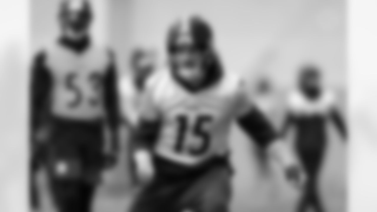 Pittsburgh Steelers wide receiver Ben Skowronek (15) during practice at the UPMC Rooney Sports Complex preparing for a Week 17 matchup against the Cleveland Browns, Friday, Dec. 26, 2025 in Pittsburgh, PA. (Karl Roser / Pittsburgh Steelers)