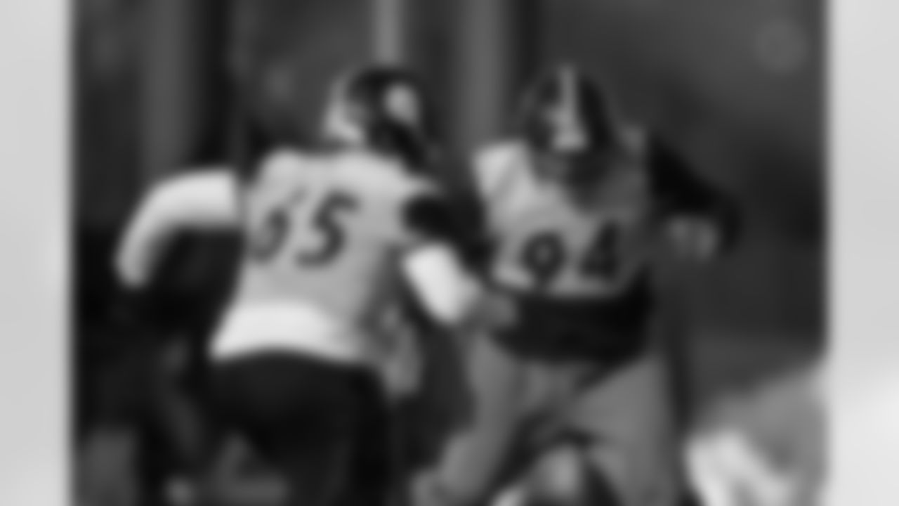 Pittsburgh Steelers defensive lineman Kyler Baugh (65) and Pittsburgh Steelers defensive end Yahya Black (94) during practice at the UPMC Rooney Sports Complex preparing for a Week 16 matchup against the Detroit Lions, Thursday, Dec. 18, 2025 in Pittsburgh, PA. (Alysa Rubin / Pittsburgh Steelers)