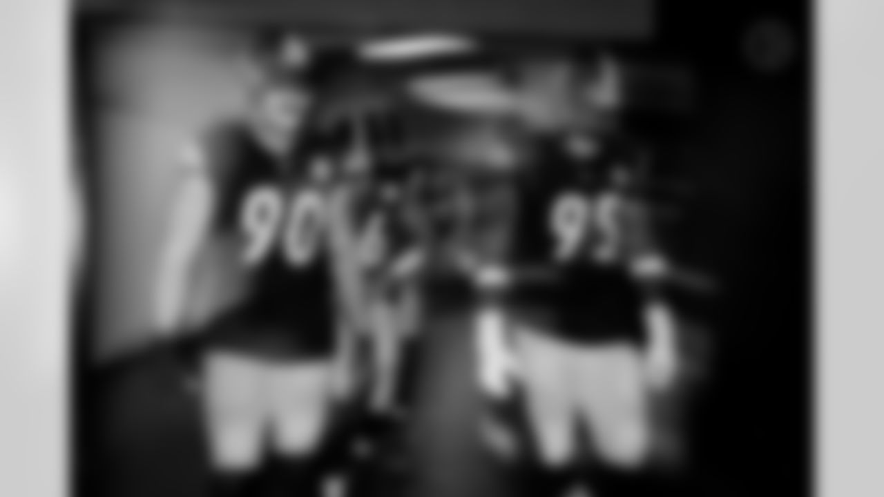 Pittsburgh Steelers linebacker T.J. Watt (90) and defensive tackle Keeanu Benton (95) prior to a regular season game between the Pittsburgh Steelers and the Indianapolis Colts, Sunday, Nov. 2, 2025 in Pittsburgh, PA. The Steelers defeated the Colts 27-20. (Alysa Rubin / Pittsburgh Steelers)