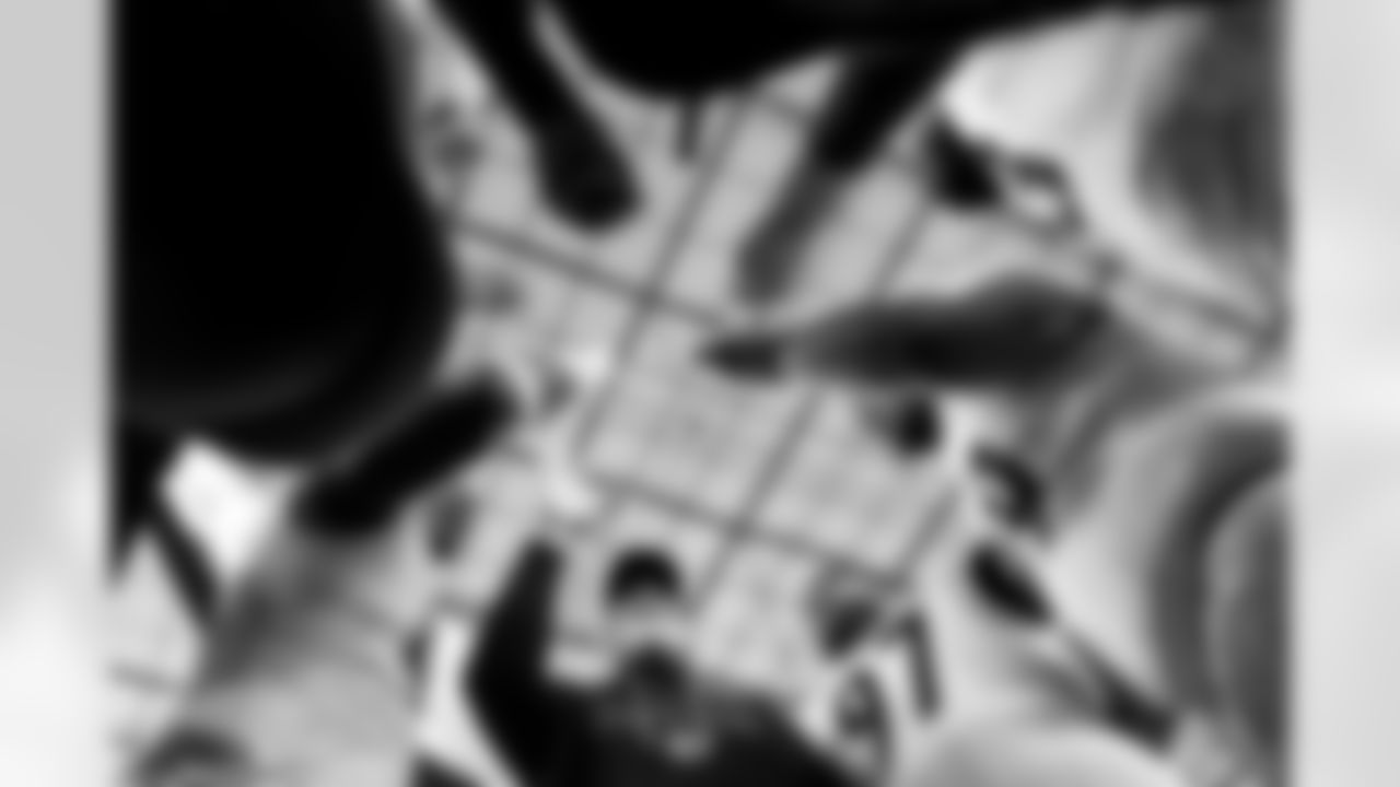 Pittsburgh Steelers defensive line coach Karl Dunbar, defensive tackle Cameron Heyward (97), defensive tackle Derrick Harmon (99), defensive tackle Esezi Otomewo (93), defensive tackle Brodric Martin-Rhodes (78), defensive end Logan Lee (91), defensive end Yahya Black (94) and defensive tackle Keeanu Benton (95) huddle on the field prior to a regular season game against the Los Angeles Chargers, Sunday, Nov. 9, 2025 in Inglewood, CA. The Chargers beat the Steelers 25-10. (Alysa Rubin / Pittsburgh Steelers)