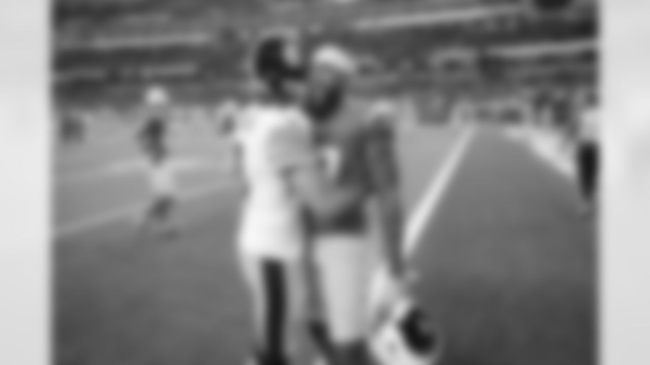 Pittsburgh Steelers quarterback Aaron Rodgers (8) and Los Angeles Chargers wide receiver Keenan Allen (13) prior to a regular season game between the Pittsburgh Steelers and the Los Angeles Chargers, Sunday, Nov. 9, 2025 in Inglewood, CA. The Chargers beat the Steelers 25-10. (Karl Roser / Pittsburgh Steelers)