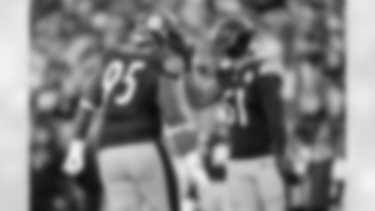 Pittsburgh Steelers defensive tackle Keeanu Benton (95) and Pittsburgh Steelers linebacker Nick Herbig (51) during a regular season game between the Pittsburgh Steelers and the Indianapolis Colts, Sunday, Nov. 2, 2025 in Pittsburgh, PA. The Steelers defeated the Colts 27-20. (Karl Roser / Pittsburgh Steelers)