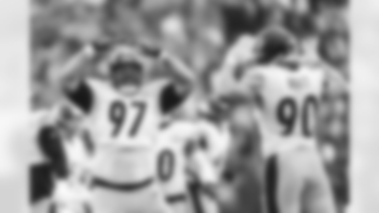 Pittsburgh Steelers defensive tackle Cameron Heyward (97) Pittsburgh Steelers linebacker T.J. Watt (90) during a regular season game between the Pittsburgh Steelers and the Cincinnati Bengals, Sunday, Nov. 26, 2023 in Cincinnati, OH. (Karl Roser / Pittsburgh Steelers)