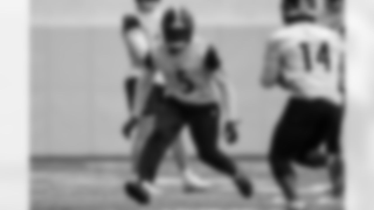 Pittsburgh Steelers cornerback Jalen Ramsey (5) during practice at the UPMC Rooney Sports Complex preparing for a Wild Card matchup against the Houston Texans, Saturday, Jan. 10, 2026 in Pittsburgh, PA. (Alysa Rubin / Pittsburgh Steelers)