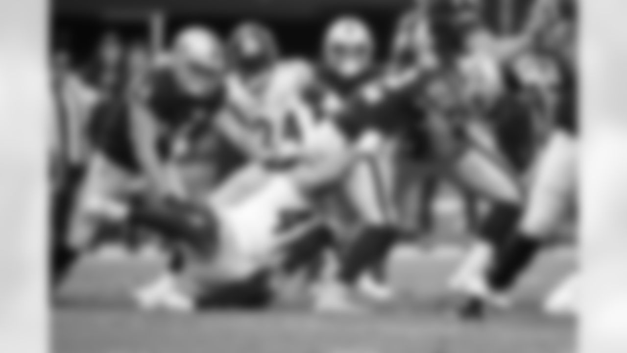 Pittsburgh Steelers linebacker Payton Wilson (41) makes a tackle during a regular season game between the Pittsburgh Steelers and the Las Vegas Raiders, Sunday, Oct. 13, 2024 in Las Vegas, NV. (Karl Roser / Pittsburgh Steelers)