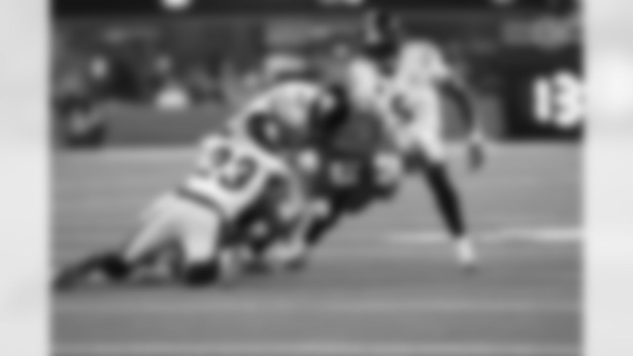 Pittsburgh Steelers cornerback Darius Slay (23) Pittsburgh Steelers linebacker T.J. Watt (90) Pittsburgh Steelers cornerback Jalen Ramsey (5) during a regular season game between the Pittsburgh Steelers and the Los Angeles Chargers, Sunday, Nov. 9, 2025 in Inglewood, CA. (Nick Smith / Pittsburgh Steelers)