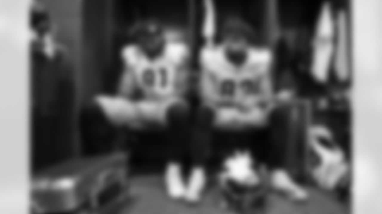 Pittsburgh Steelers tight end MyCole Pruitt (81) and Pittsburgh Steelers tight end/fullback Connor Heyward (83) prior to a regular season game between the Pittsburgh Steelers and the Atlanta Falcons, Sunday, Sept. 8, 2024 in Atlanta, GA. (Karl Roser / Pittsburgh Steelers)