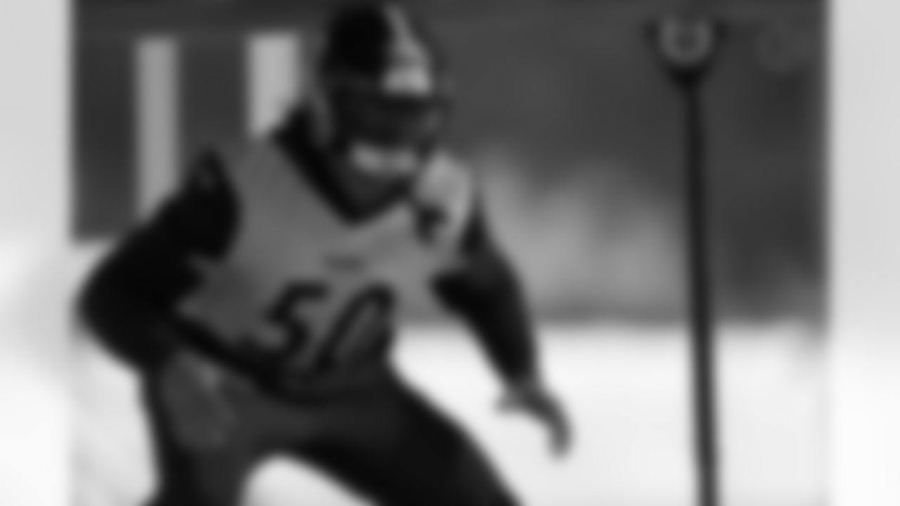 Pittsburgh Steelers linebacker Malik Harrison (50) during practice at the UPMC Rooney Sports Complex preparing for a Week 10 matchup against the Los Angeles Chargers, Thursday, Nov. 6, 2025 in Pittsburgh, PA. (Karl Roser / Pittsburgh Steelers)