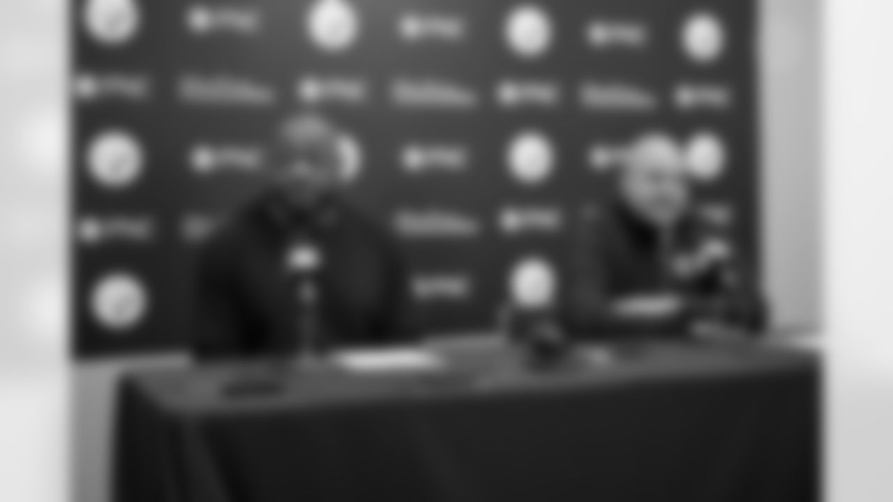 Pittsburgh Steelers general manager Omar Khan and Pittsburgh Steelers head coach Mike Tomlin speak at a press conference at the UPMC Rooney Sports Complex following the 2025 NFL Draft on Saturday, April 26, 2025 in Pittsburgh, PA. (Karl Roser / Pittsburgh Steelers)