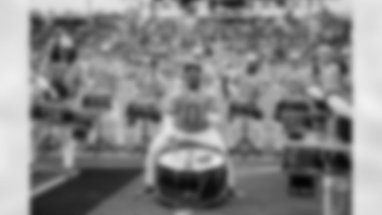 Tennessee Titans Blue Crew Drumline performing on the field during the game between the Tennessee Titans and the Los Angeles Chargers at Nissan Stadium on November 02, 2025 in Nashville, TN. Photo By Kaitlyn Hungerford/Tennessee Titans