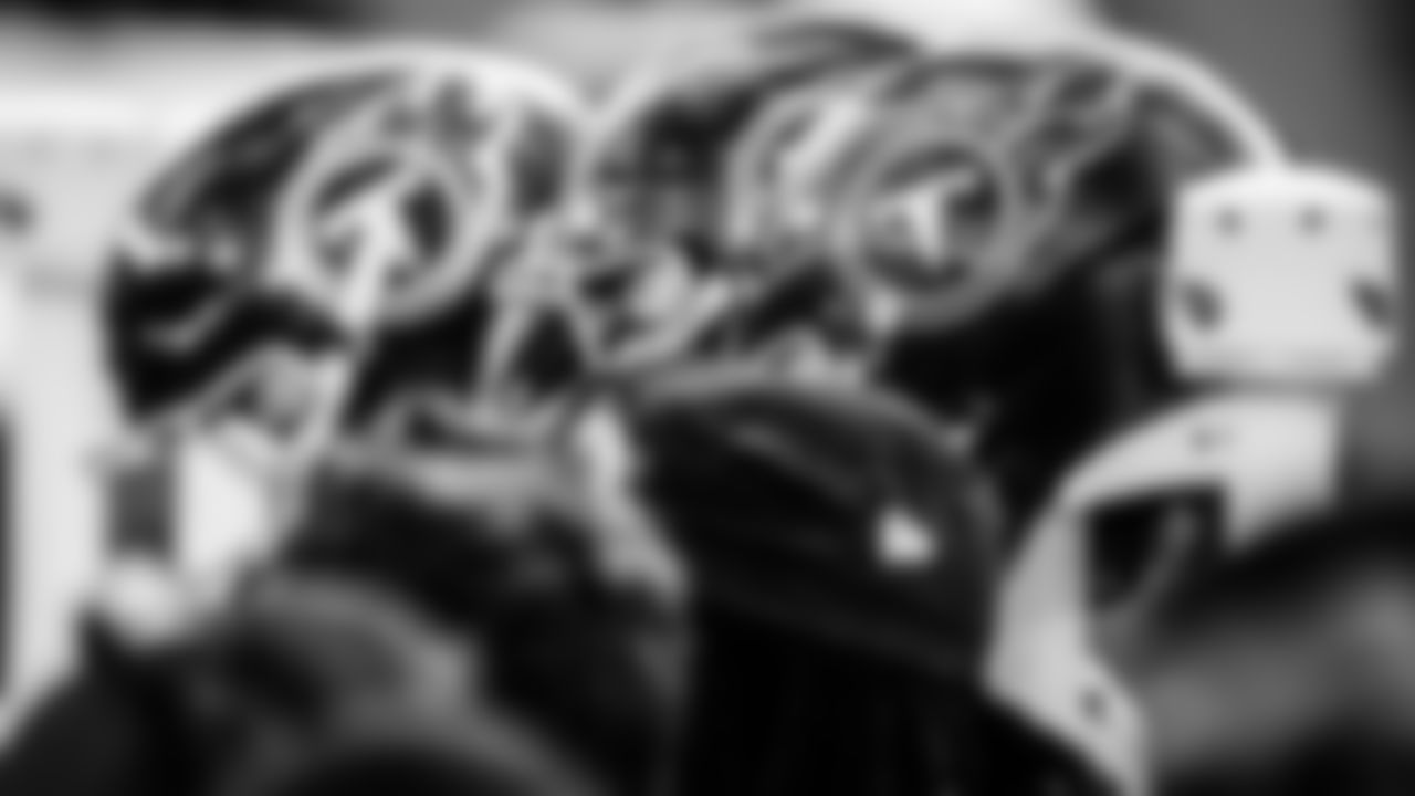 Tennessee Titans helmets during the game between the Tennessee Titans and the New Orleans Saints at Nissan Stadium on December 28, 2025 in Nashville, TN. Photo By Donald Page/Tennessee Titans