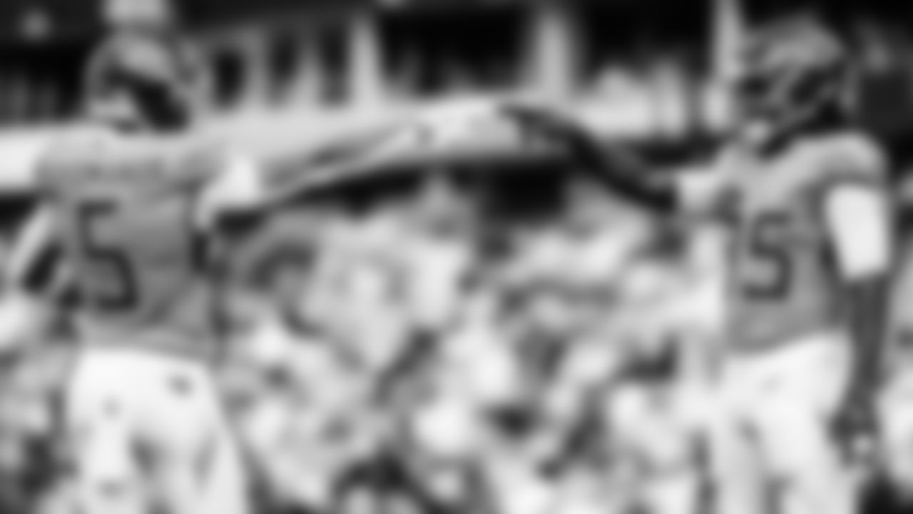 Wide receiver Elic Ayomanor #5 of the Tennessee Titans, Tight end Chig Okonkwo #85 of the Tennessee Titans during the game between the Tennessee Titans and the New Orleans Saints at Nissan Stadium on December 28, 2025 in Nashville, TN. Photo By Donald Page/Tennessee Titans