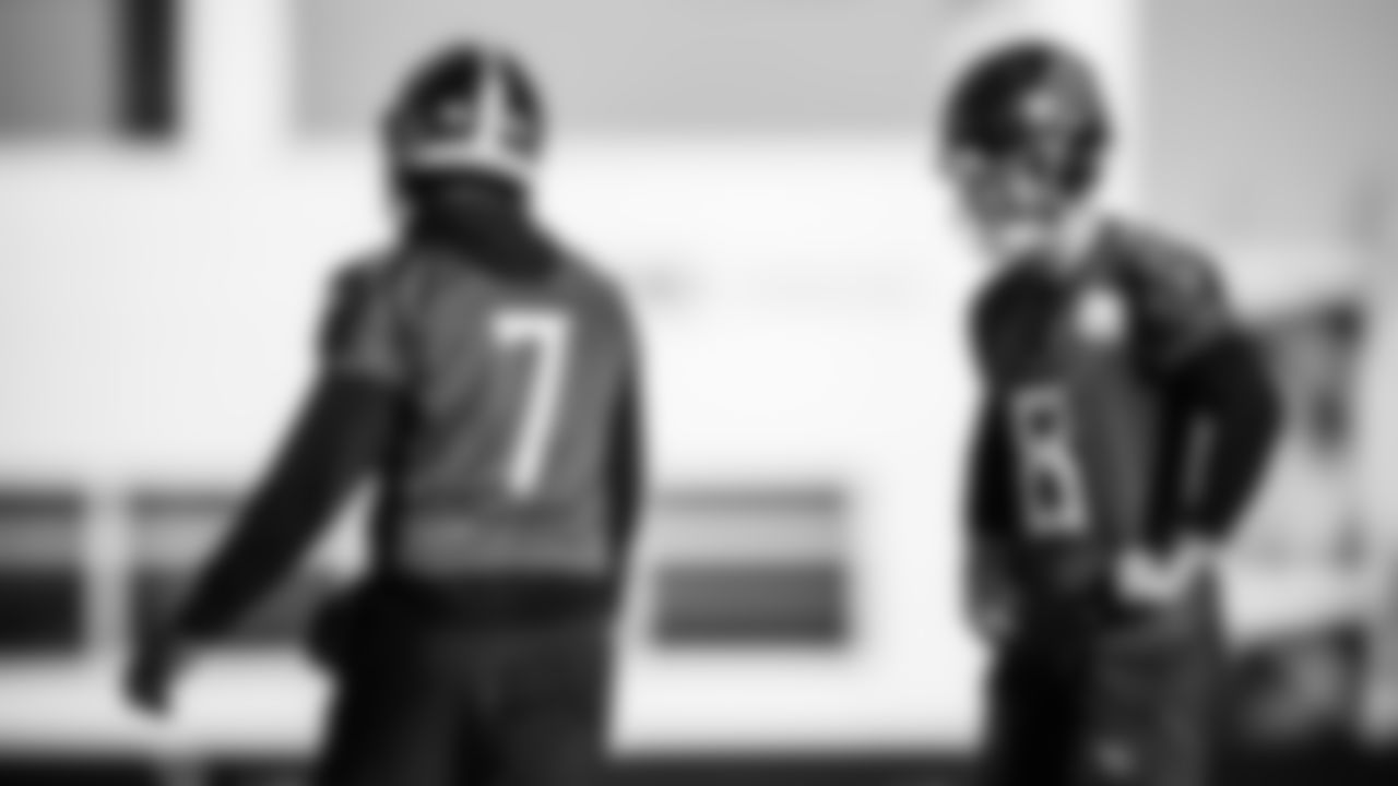 Quarterback Malik Willis #7 of the Tennessee Titans and Quarterback Will Levis #8 of the Tennessee Titans during practice at the Ascension Saint Thomas Sports Park on November 29, 2023 in Nashville, TN. Photo By Donald Page/Tennessee Titans
