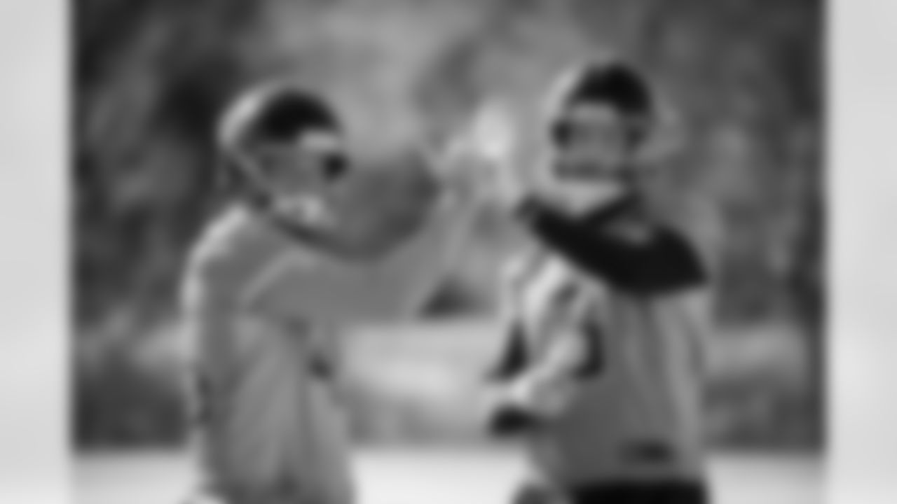 Longsnapper Morgan Cox #46 of the Tennessee Titans and Punter Johnny Hekker #3 of the Tennessee Titans during practice at the Ascension Saint Thomas Sports Park on November 27, 2025 in Nashville, TN. Photo By Donald Page/Tennessee Titans