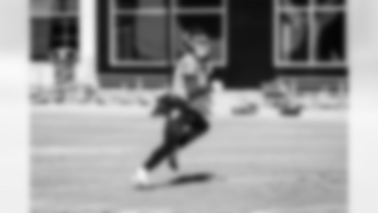 Wide receiver Elic Ayomanor #5 of the Tennessee Titans during practice at the Ascension Saint Thomas Sports Park on November 26, 2025 in Nashville, TN. Photo By Donald Page/Tennessee Titans