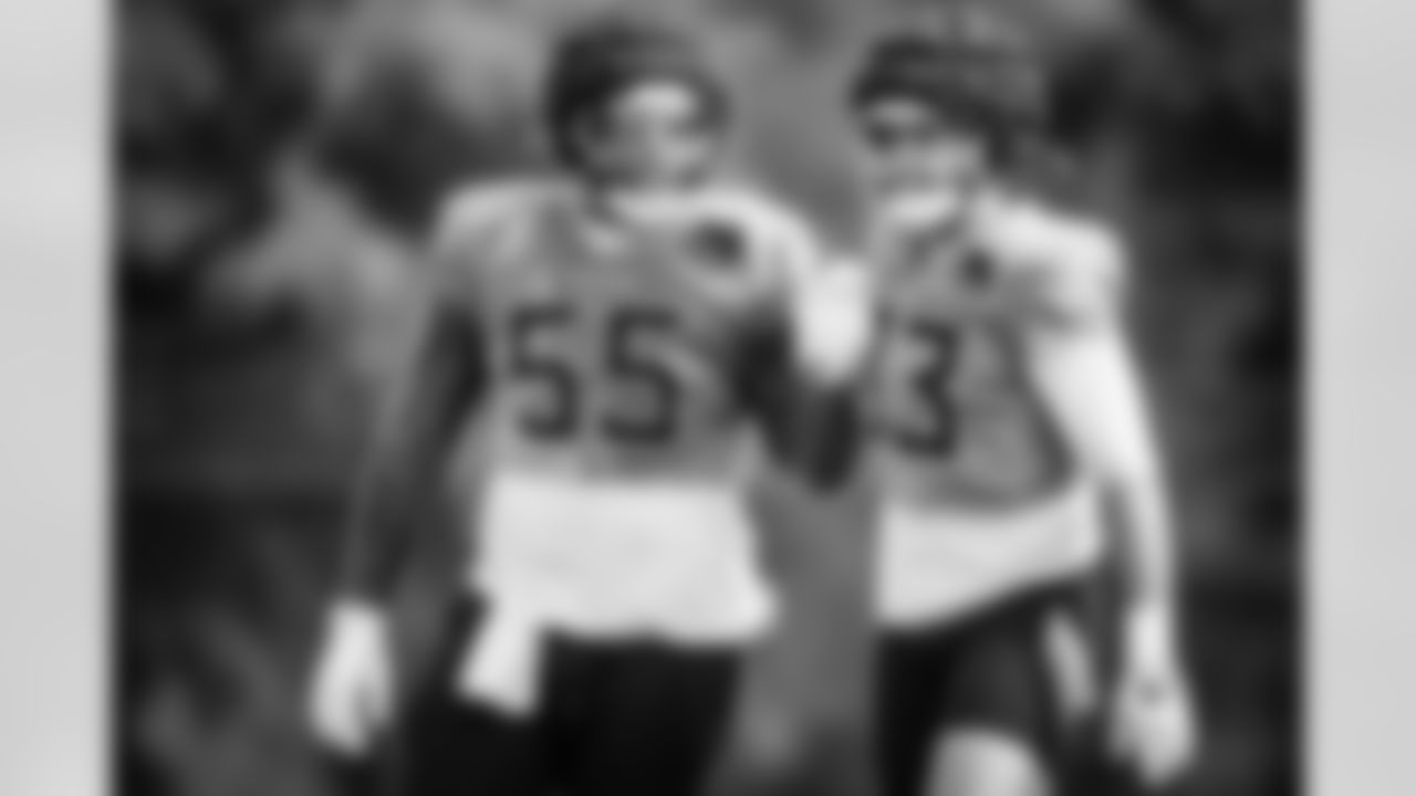 Tackle JC Latham #55 of the Tennessee Titans and Tight end Joel Wilson #83 of the Tennessee Titans during practice at the Ascension Saint Thomas Sports Park on November 13, 2025 in Nashville, TN. Photo By Donald Page/Tennessee Titans