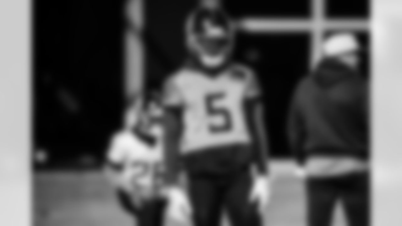 Wide receiver Elic Ayomanor #5 of the Tennessee Titans during practice at the Ascension Saint Thomas Sports Park on November 28, 2025 in Nashville, TN. Photo By Beau Brune/Tennessee Titans