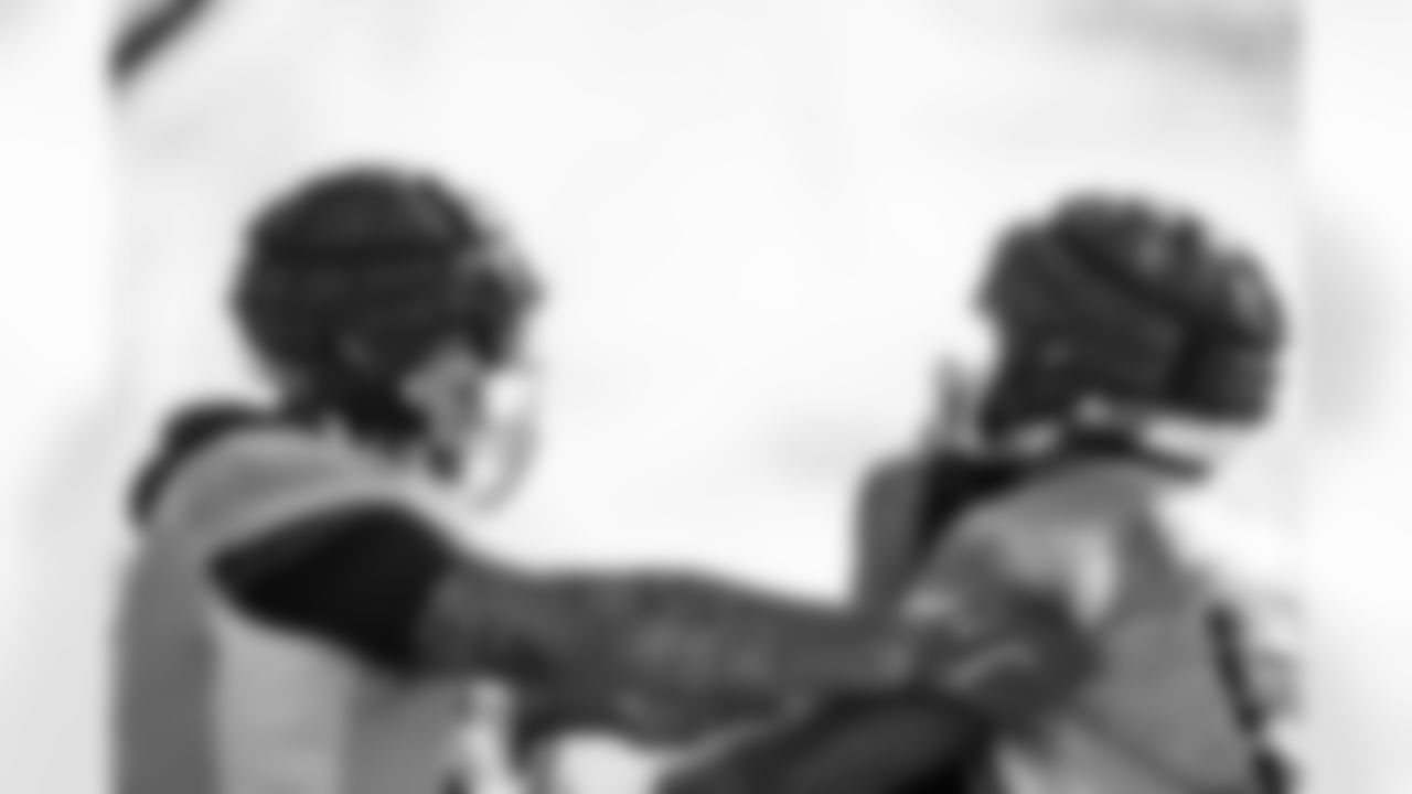 Tackle JC Latham #55 of the Tennessee Titans and Offensive lineman John Ojukwu #61 of the Tennessee Titans during practice at the Ascension Saint Thomas Sports Park on December 11, 2025 in Nashville, TN. Photo By Jessie Rogers/Tennessee Titans