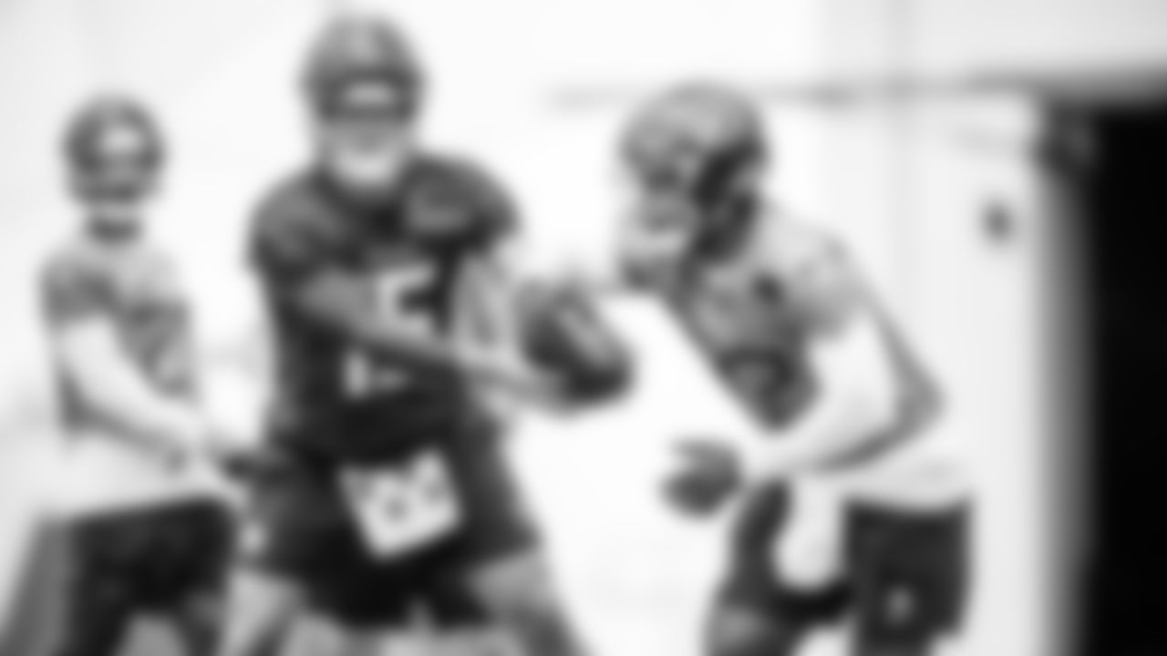 Quarterback Tim Boyle #15 of the Tennessee Titans and Running back Micah Bernard #32 of the Tennessee Titans during phase 3 practice at the Ascension Saint Thomas Sports Park on June 5, 2025 in Nashville, TN. Photo By Donald Page/Tennessee Titans