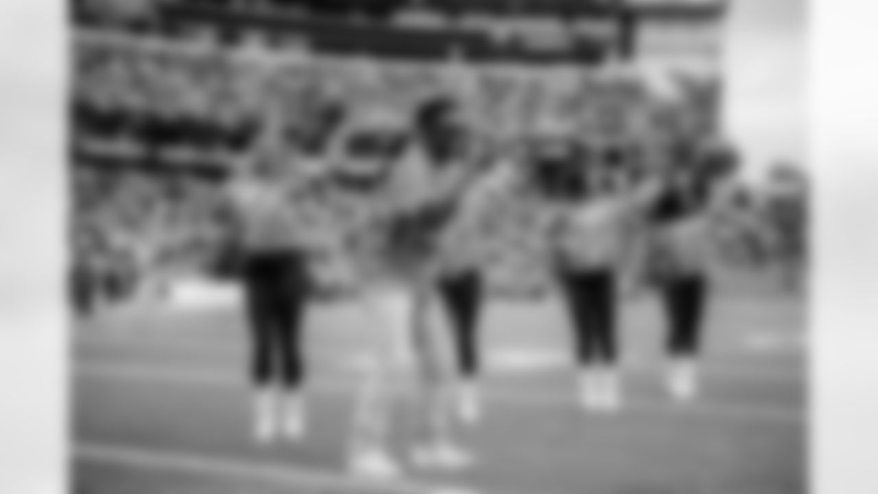 Tennessee Titans Cheerleaders performing with Breland on the field during the game between the Tennessee Titans and the Los Angeles Chargers at Nissan Stadium on November 02, 2025 in Nashville, TN. Photo By Kaitlyn Hungerford/Tennessee Titans