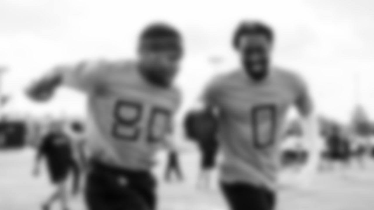 Wide receiver Bryce Oliver #80 of the Tennessee Titans and Wide receiver Calvin Ridley #0 of the Tennessee Titans during phase 2 workouts at the Ascension Saint Thomas Sports Park on May 14, 2025 in Nashville, TN. Photo By Donald Page/Tennessee Titans