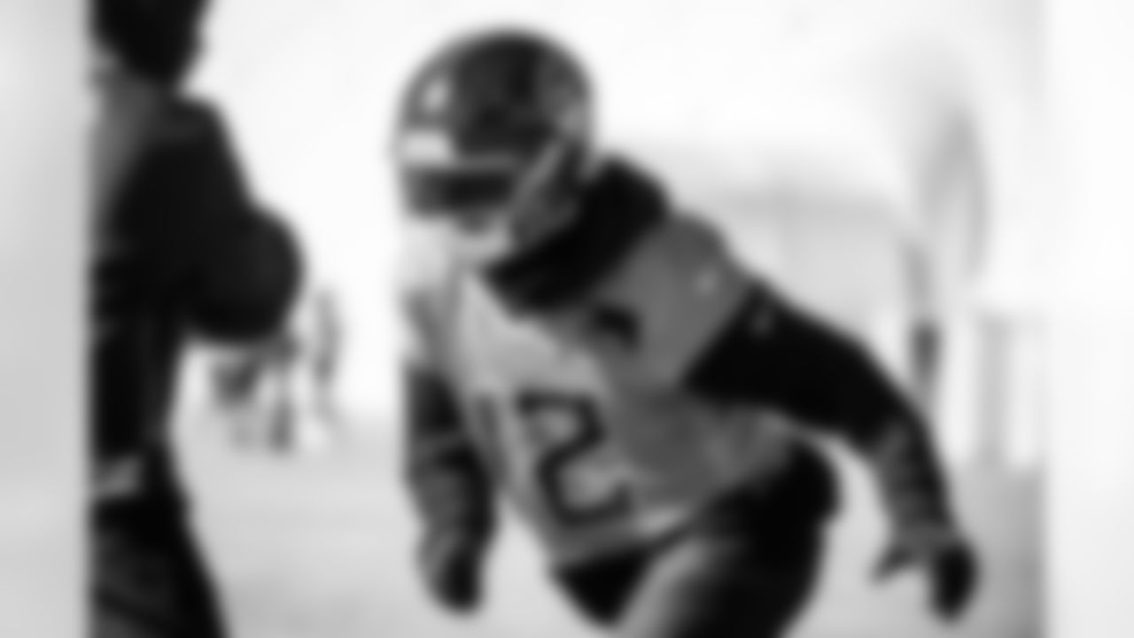 Wide receiver Mason Kinsey #12 of the Tennessee Titans during practice at the Ascension Saint Thomas Sports Park on November 27, 2025 in Nashville, TN. Photo By Donald Page/Tennessee Titans