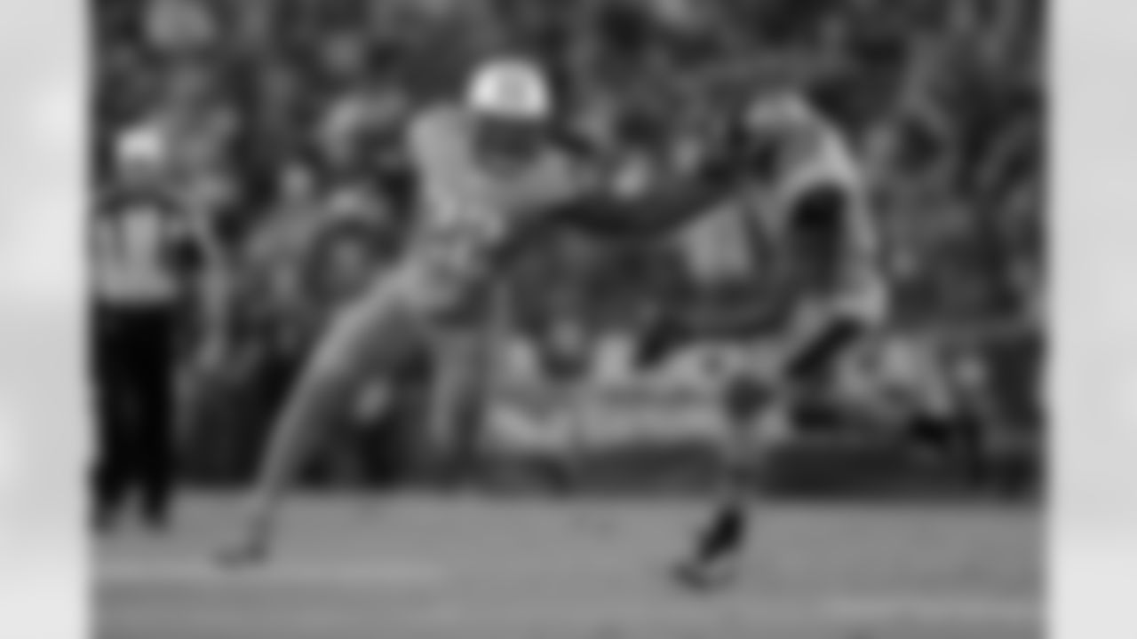 Tennessee Titans running back Derrick Henry (22) stiff arms Jacksonville Jaguars cornerback Jalen Ramsey (20) during an NFL football game on Thursday, Oct. 27, 2016, in Nashville, Tenn. Tennessee won 36-22. (Aaron M. Sprecher via AP)