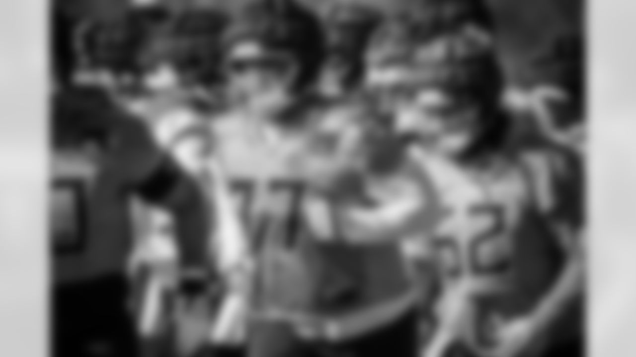 Offensive lineman Peter Skoronski #77 of the Tennessee Titans during practice at the Ascension Saint Thomas Sports Park on November 27, 2025 in Nashville, TN. Photo By Donald Page/Tennessee Titans